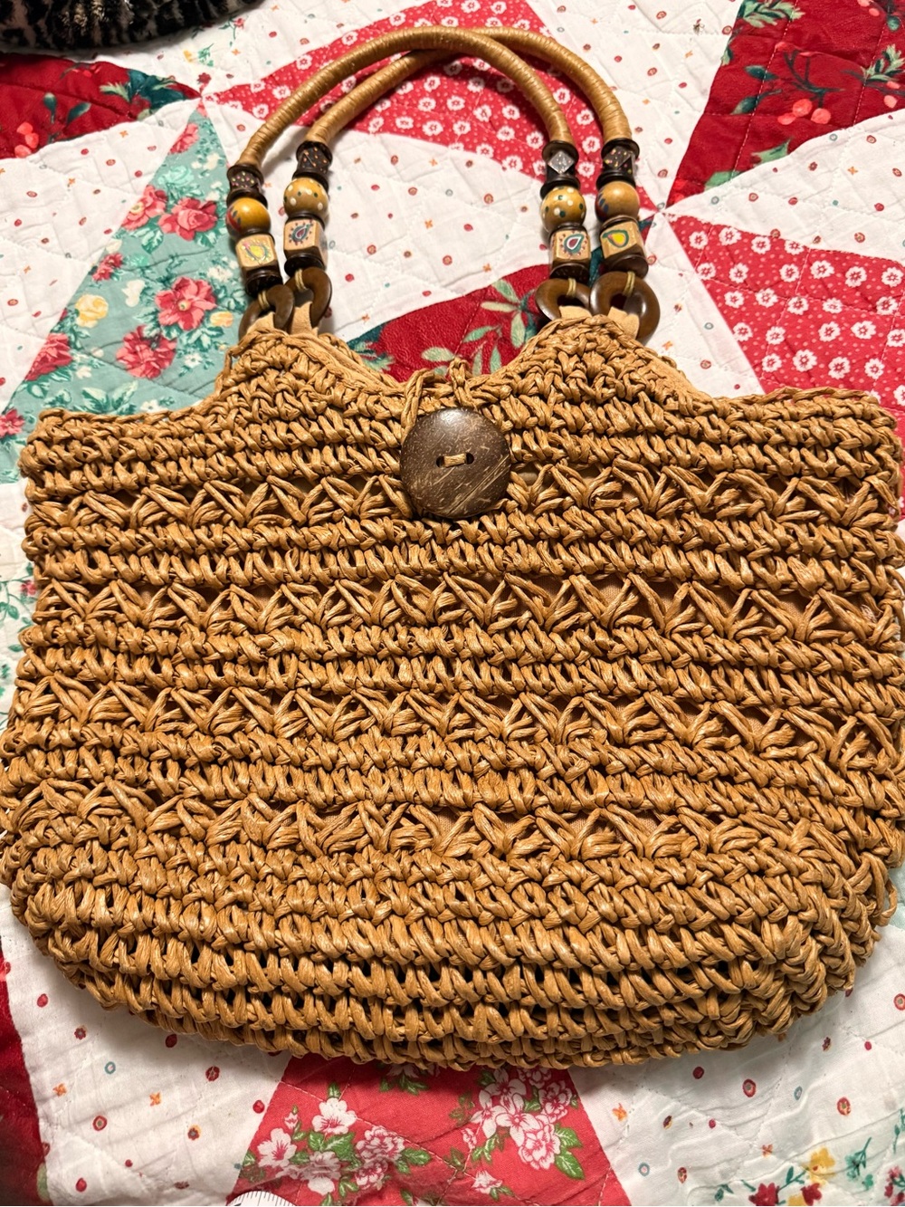 NWOT Blue Miami Boho Beaded Straw Shoulder Bag Tote Toast Y2K Coconut Raffia